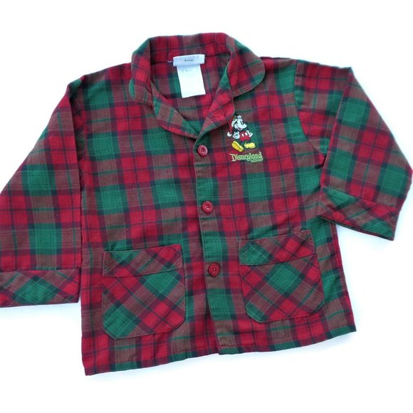 Disney Parks Kids Pajama Top Red Green Tartan Plaid Santa Embroidered Mickey 4 - Picture 1 of 7